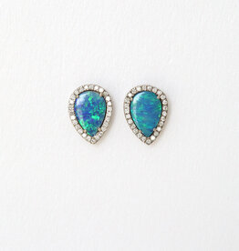 American Jewelry 18k White Gold 1.58ctw Pear Opal and .24ctw Diamond Halo Stud Earrings