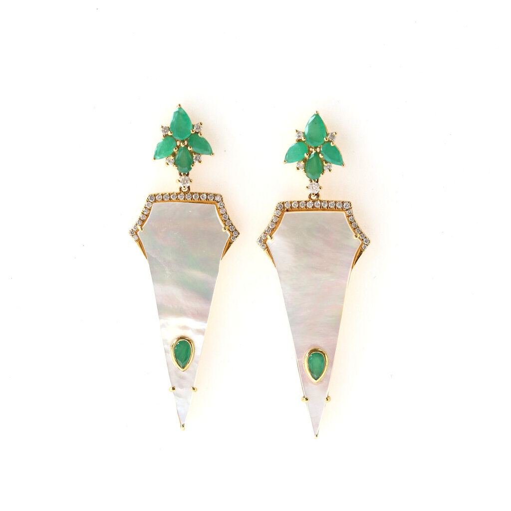 American Jewelry 18k Yellow Gold .50ctw Diamond 2.40ctw Emerald and MOP Dangle Earrings