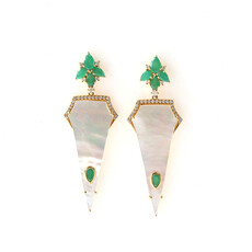American Jewelry 18k Yellow Gold .50ctw Diamond 2.40ctw Emerald and MOP Dangle Earrings