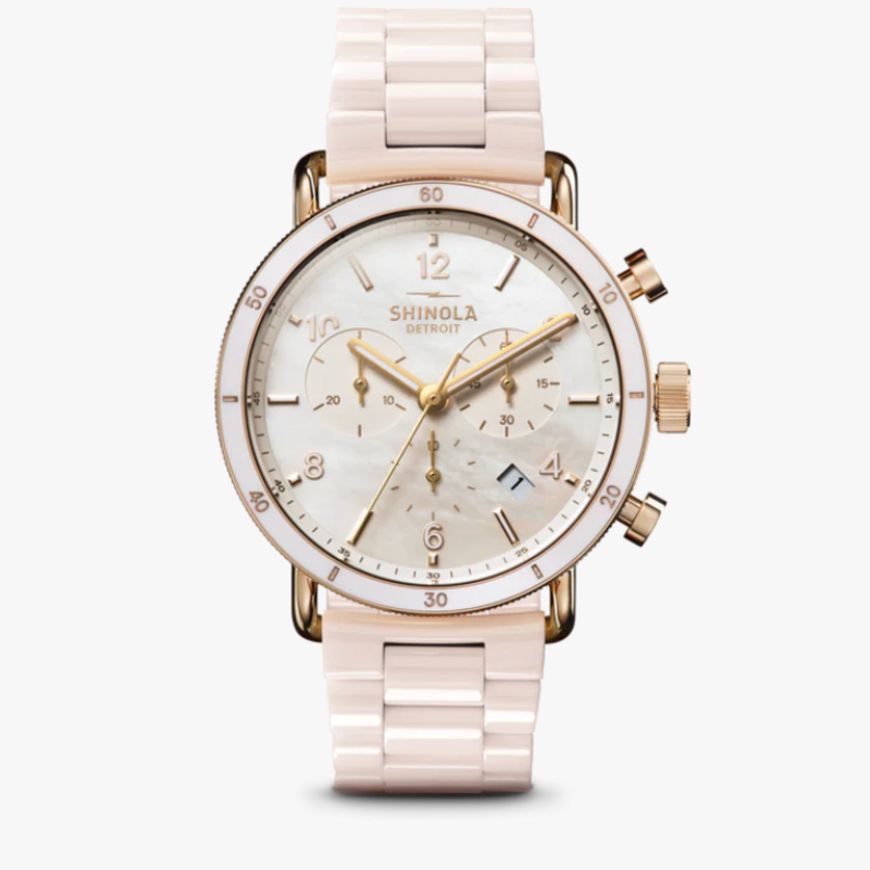 Shinola Shinola Canfield Sport Chronograph 40mm MOP Watch, Blush Pink Ceramic Strap