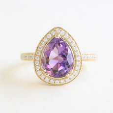 American Jewelry ESTATE 14k Yellow Gold 2.25ct Amethyst .20ctw Diamond pear Halo Ring