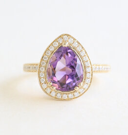 American Jewelry ESTATE 14k Yellow Gold 2.25ct Amethyst .20ctw Diamond pear Halo Ring