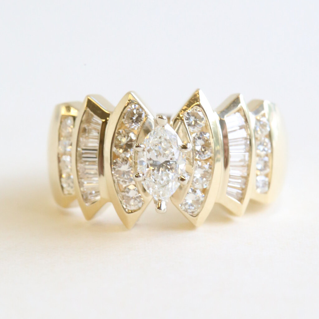 American Jewelry ESTATE 14k Yellow Gold 1.40ctw (.50 Ctr) Marquise Diamond Baguette Flanked Engagement Ring (Size 8.75)