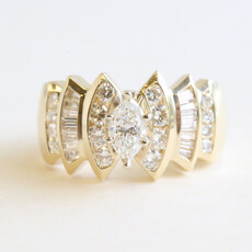 American Jewelry ESTATE 14k Yellow Gold 1.40ctw (.50 Ctr) Marquise Diamond Baguette Flanked Engagement Ring (Size 8.75)