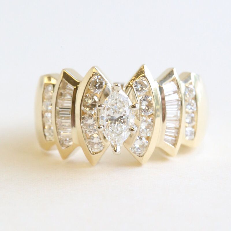 American Jewelry ESTATE 14k Yellow Gold 1.40ctw (.50 Ctr) Marquise Diamond Baguette Flanked Engagement Ring (Size 8.75)