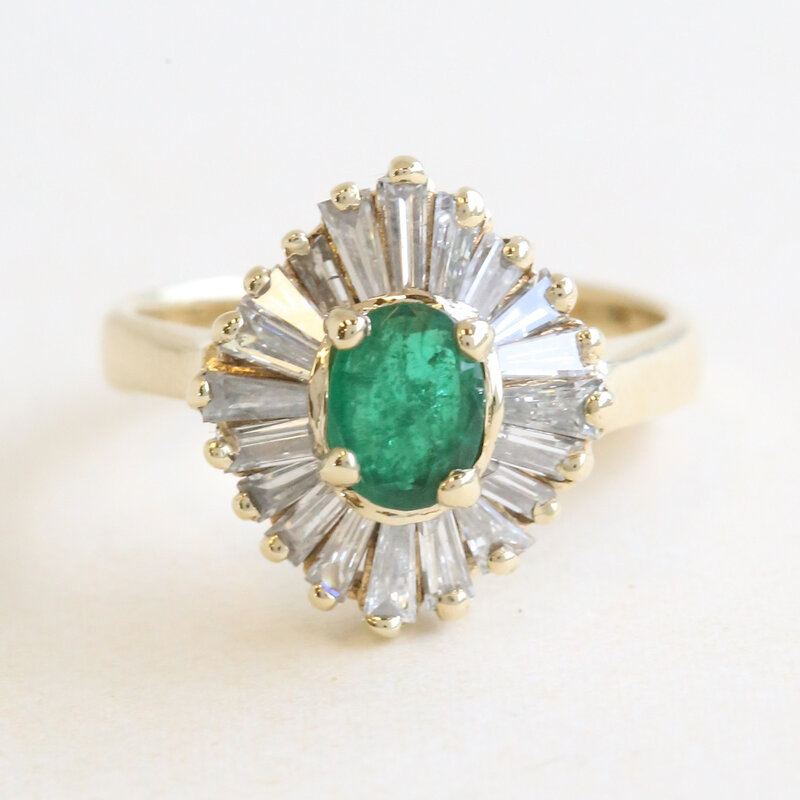 American Jewelry Estate 14k Yellow Gold 1/2ct Emerald 1/2ctw Diamond Baguette Ballerina Ring