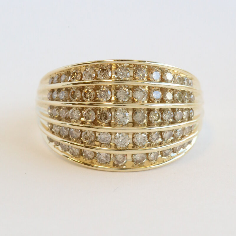 American Jewelry Estate 14k Yellow Gold 1.20ctw Champagne Diamond 5 Row Wide Band Ring