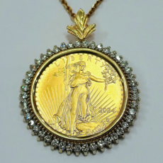 American Jewelry 14k Yellow Gold 1.35ctw Diamond Bezel w/ 1/2oz Coin Necklace