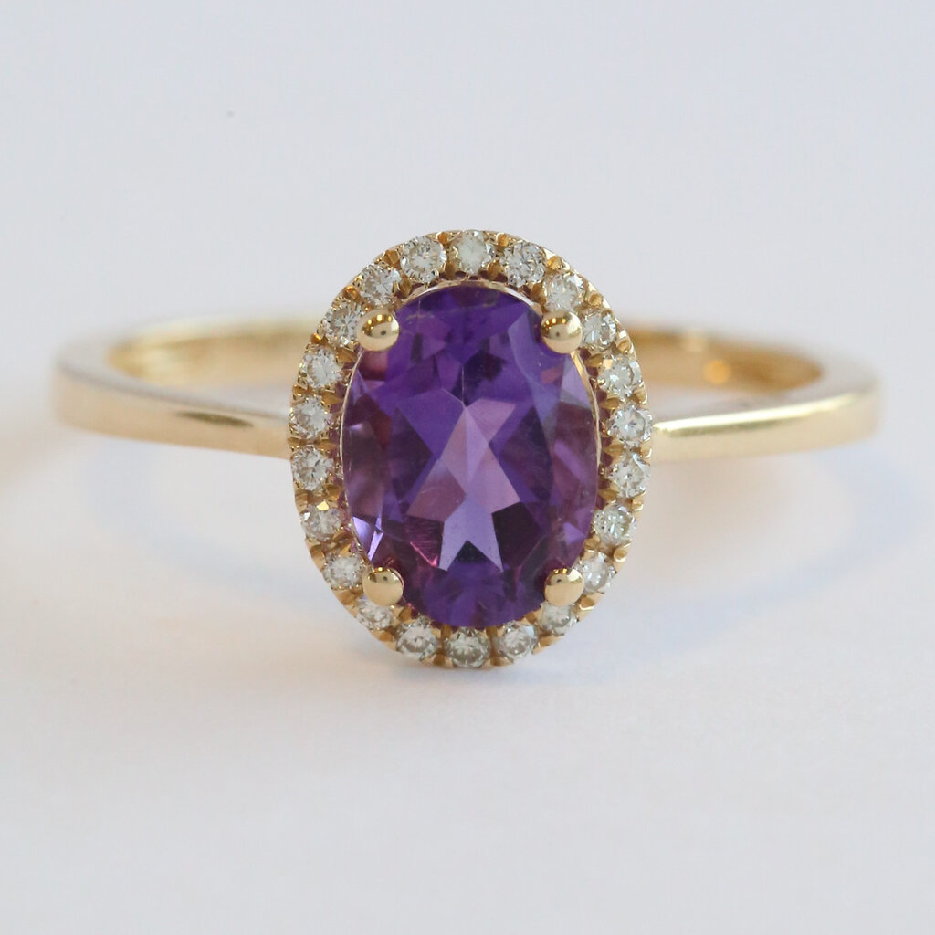 American Jewelry 14k Yellow Gold 1.13ct Amethyst .14ctw Diamond Halo Oval Ring (Size 7)