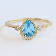 American Jewelry 14k Yellow Gold .80ct Blue Topaz .08ctw Diamond Accent Milgrain Ring (Size 7)