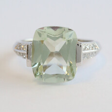 American Jewelry 10k White Gold 4.5ct Prasiolite .15ctw Diamond .40ct Pink Sapphire Elongated Cushion Ring