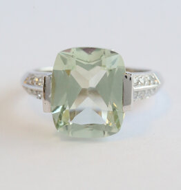 American Jewelry 10k White Gold 4.5ct Prasiolite .15ctw Diamond .40ct Pink Sapphire Elongated Cushion Ring