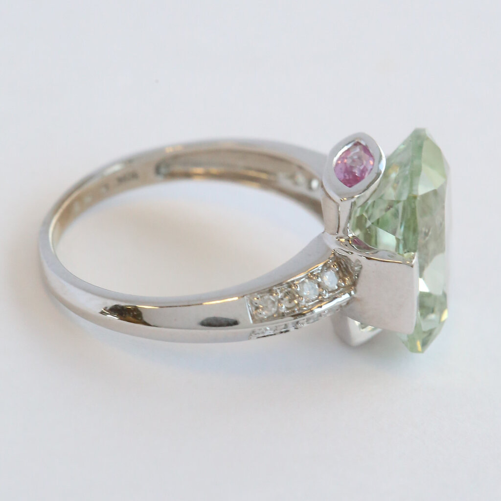 American Jewelry 10k White Gold 4.5ct Prasiolite .15ctw Diamond .40ct Pink Sapphire Elongated Cushion Ring