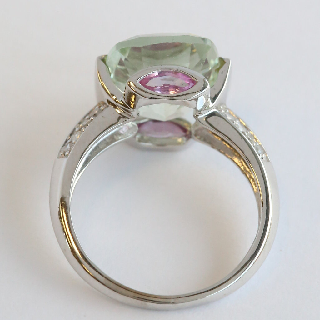 American Jewelry 10k White Gold 4.5ct Prasiolite .15ctw Diamond .40ct Pink Sapphire Elongated Cushion Ring