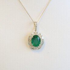American Jewelry 14k Yellow Gold 2.83ct Emerald .92ctw Round & Baguette Diamond Oval Halo Necklace