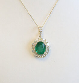 American Jewelry 14k Yellow Gold 2.83ct Emerald .92ctw Round & Baguette Diamond Oval Halo Necklace
