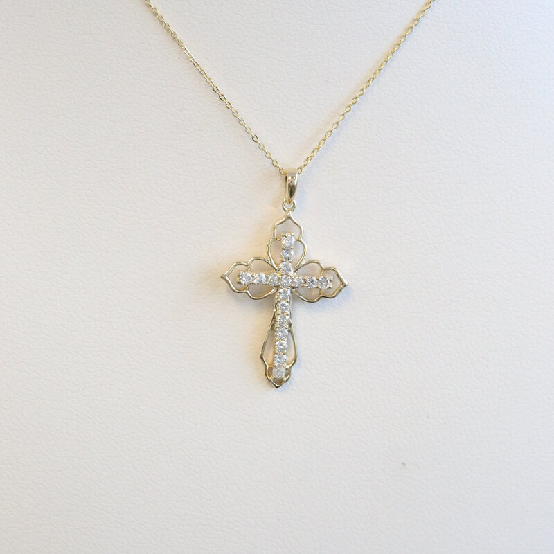 American Jewelry 14k Yellow Gold .30ctw Diamond Open Work Cross Necklace