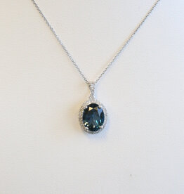 American Jewelry 14k White Gold .90ct Blue Topaz .12ctw Diamond Oval Halo Necklace