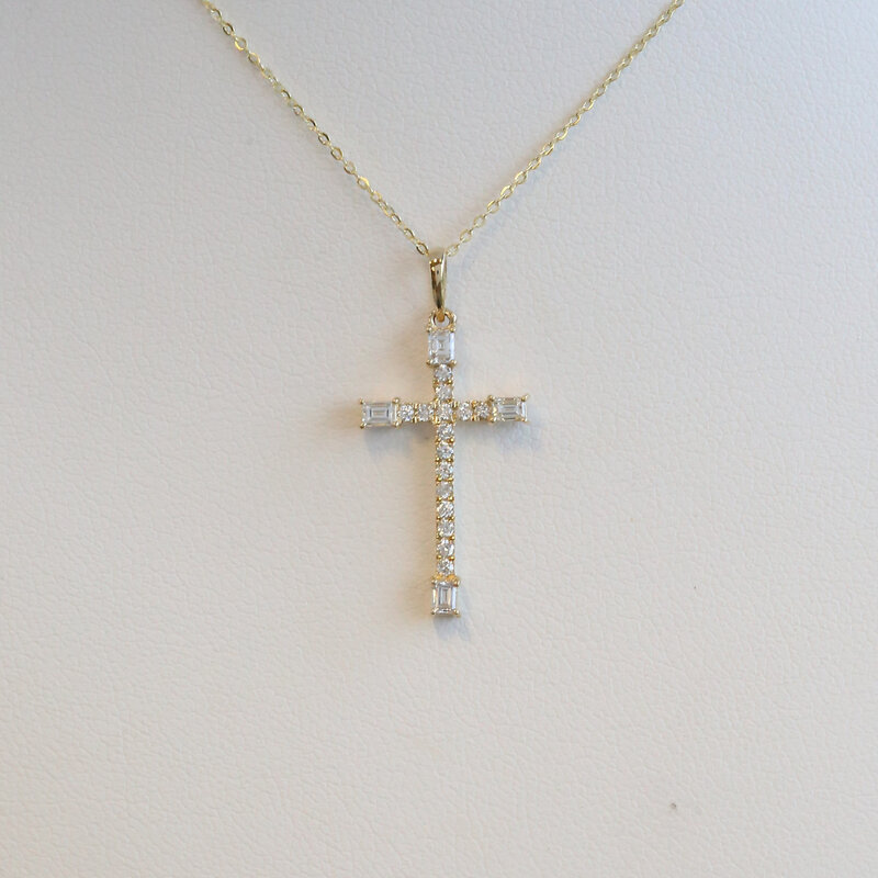 American Jewelry 14k Yellow Gold .36ctw Diamond baguette & Round Cross Necklace