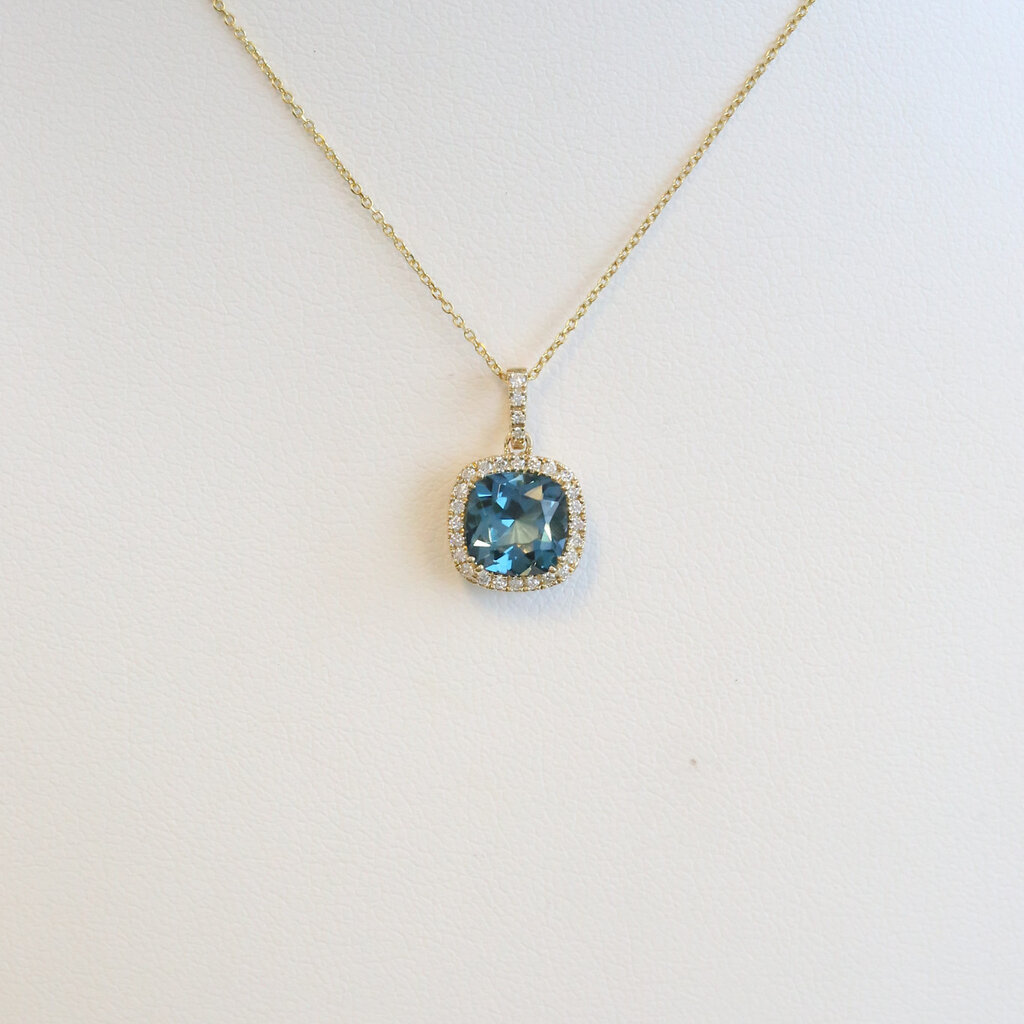 American Jewelry 14k Yellow Gold 1.67ct London Blue Topaz .14ctw Diamond Cushion Halo Necklace