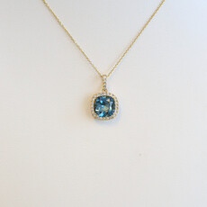 American Jewelry 14k Yellow Gold 1.67ct London Blue Topaz .14ctw Diamond Cushion Halo Necklace
