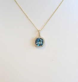 American Jewelry 14k Yellow Gold 1.67ct London Blue Topaz .14ctw Diamond Cushion Halo Necklace