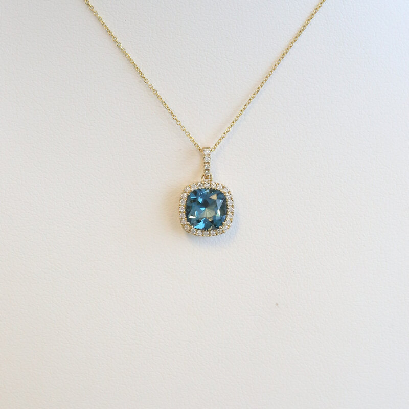 American Jewelry 14k Yellow Gold 1.67ct London Blue Topaz .14ctw Diamond Cushion Halo Necklace
