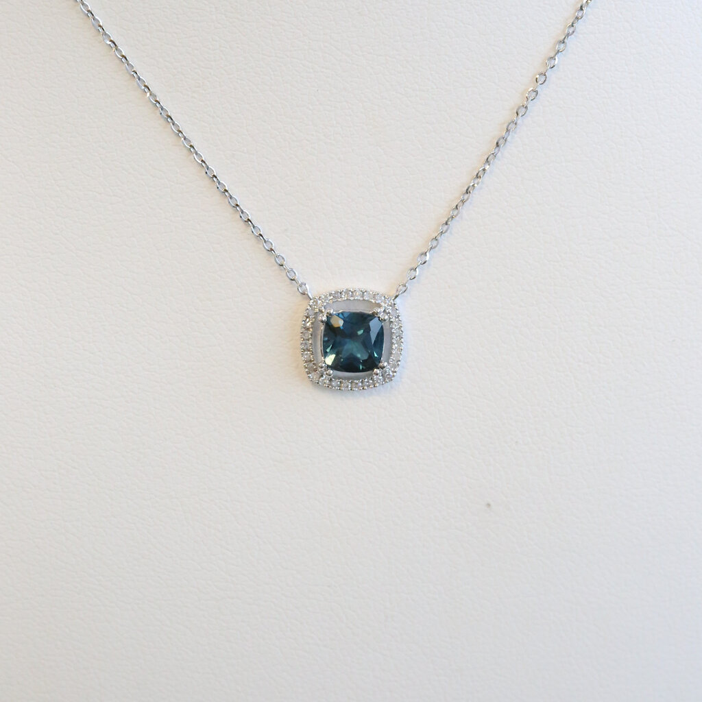 American Jewelry 14k White Gold .90ct London Blue Topaz .12ctw Diamond Cushion Halo Necklace