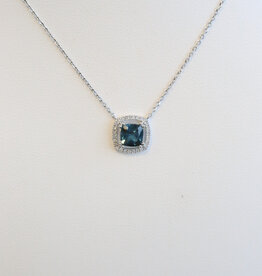 American Jewelry 14k White Gold .90ct London Blue Topaz .12ctw Diamond Cushion Halo Necklace