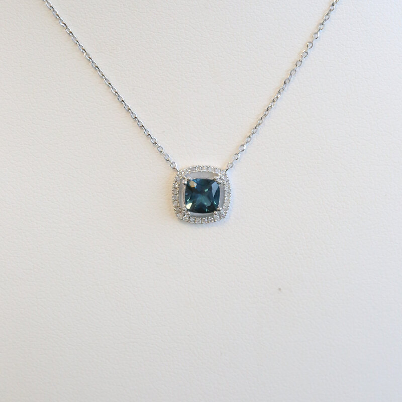 American Jewelry 14k White Gold .90ct London Blue Topaz .12ctw Diamond Cushion Halo Necklace