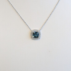 American Jewelry 14k White Gold .90ct London Blue Topaz .12ctw Diamond Cushion Halo Necklace