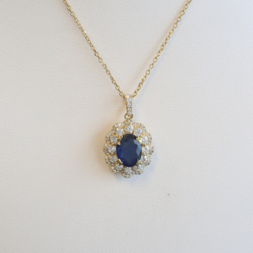 American Jewelry 14k Yellow Gold 1.37ct Sapphire .56ctw Diamond Oval Double Halo Necklace