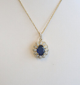 American Jewelry 14k Yellow Gold 1.37ct Sapphire .56ctw Diamond Oval Double Halo Necklace