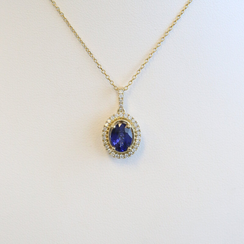 American Jewelry 14k Yellow Gold 1.68ct Heat Treated Sapphire .24ctw Diamond Halo Milgrain Necklace