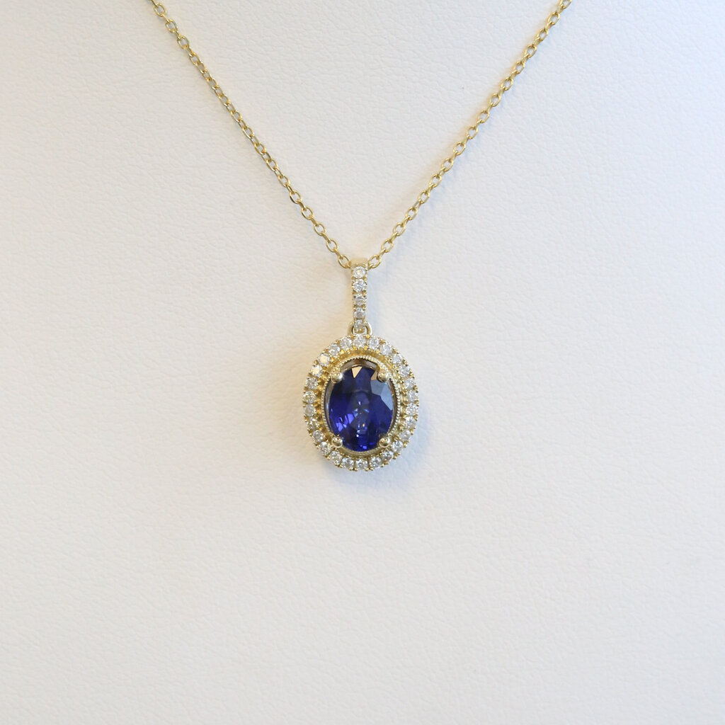 American Jewelry 14k Yellow Gold 1.68ct Heat Treated Sapphire .24ctw Diamond Halo Milgrain Necklace