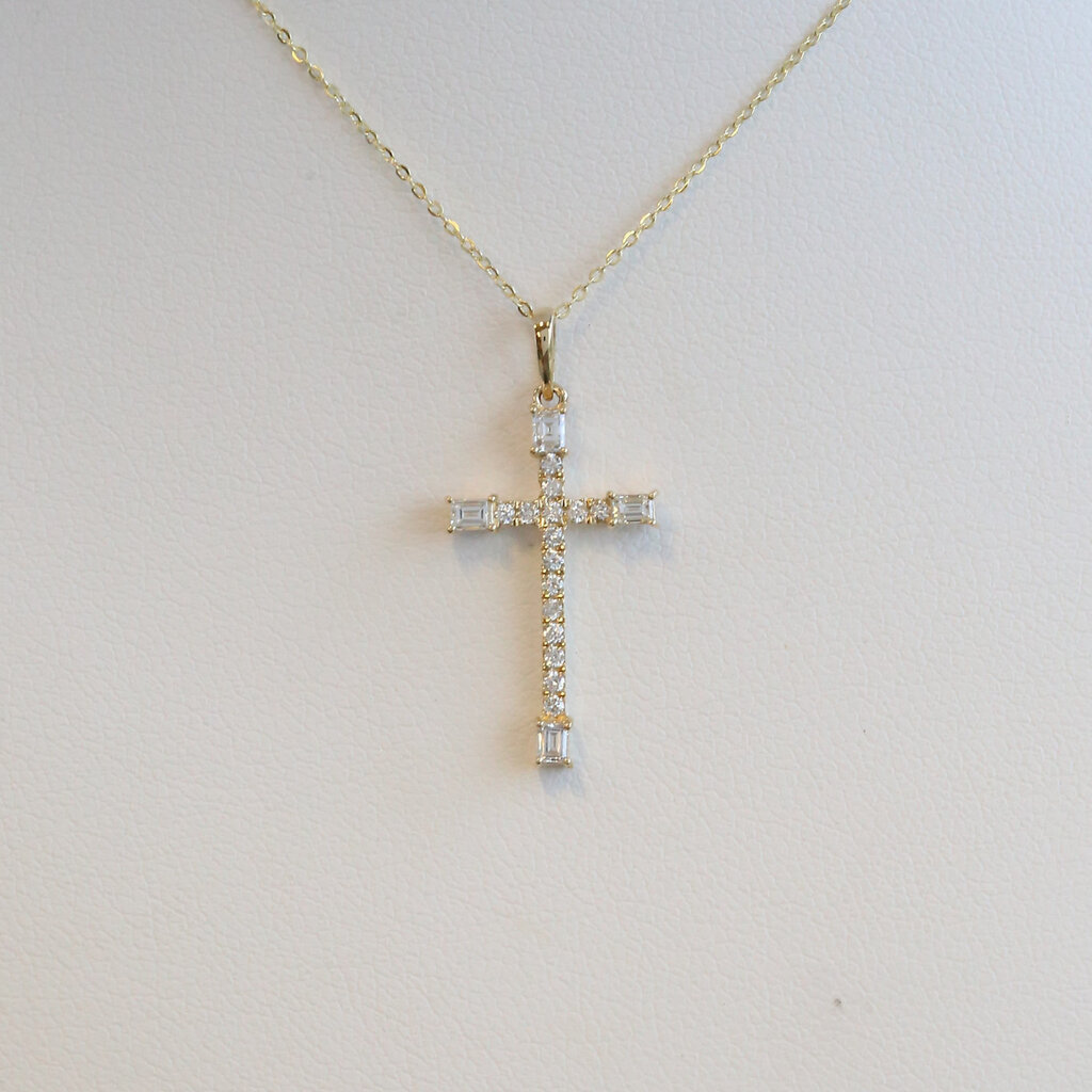 American Jewelry 14k Yellow Gold .36ctw Diamond Baguette & Round Cross Necklace