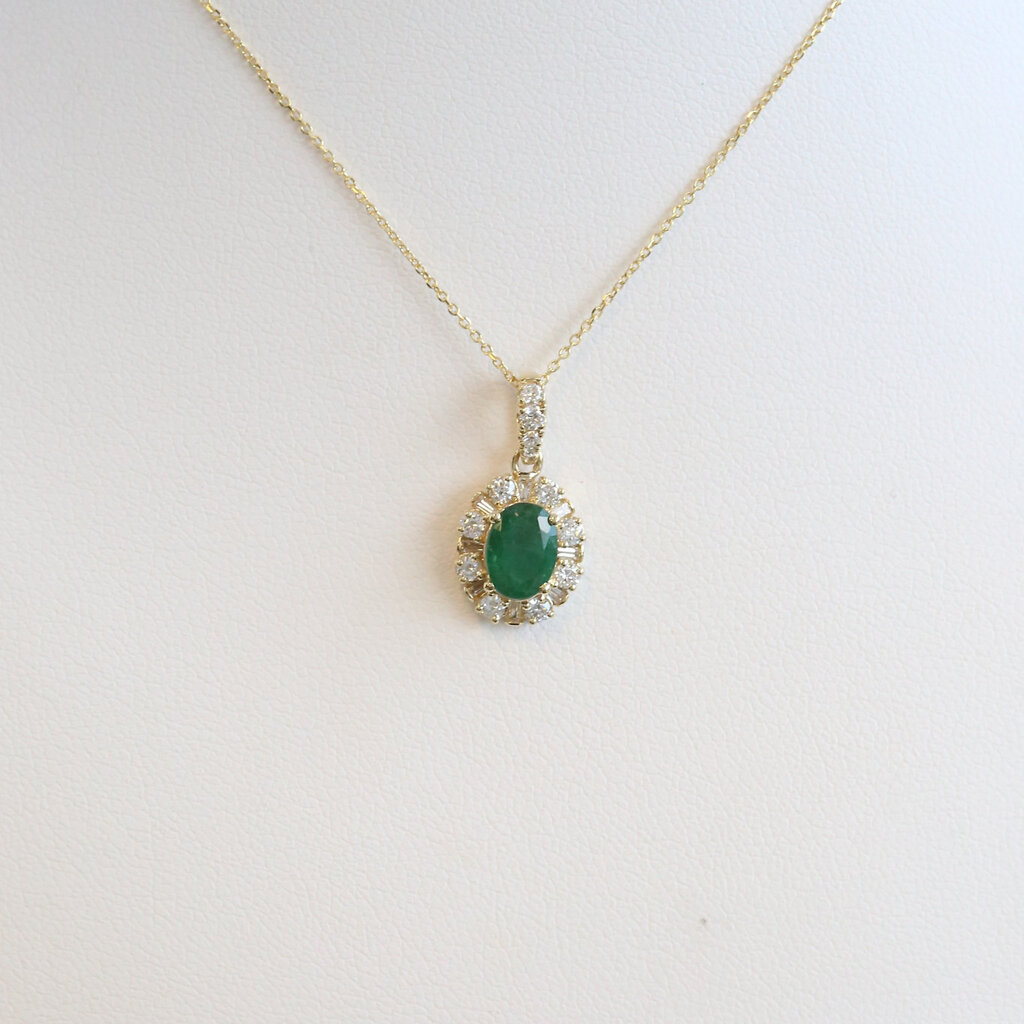 American Jewelry 14k Yellow Gold .90ct Emerald .38ctw Diamond Baguette & Round Halo Necklace
