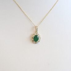 American Jewelry 14k Yellow Gold .90ct Emerald .38ctw Diamond Baguette & Round Halo Necklace