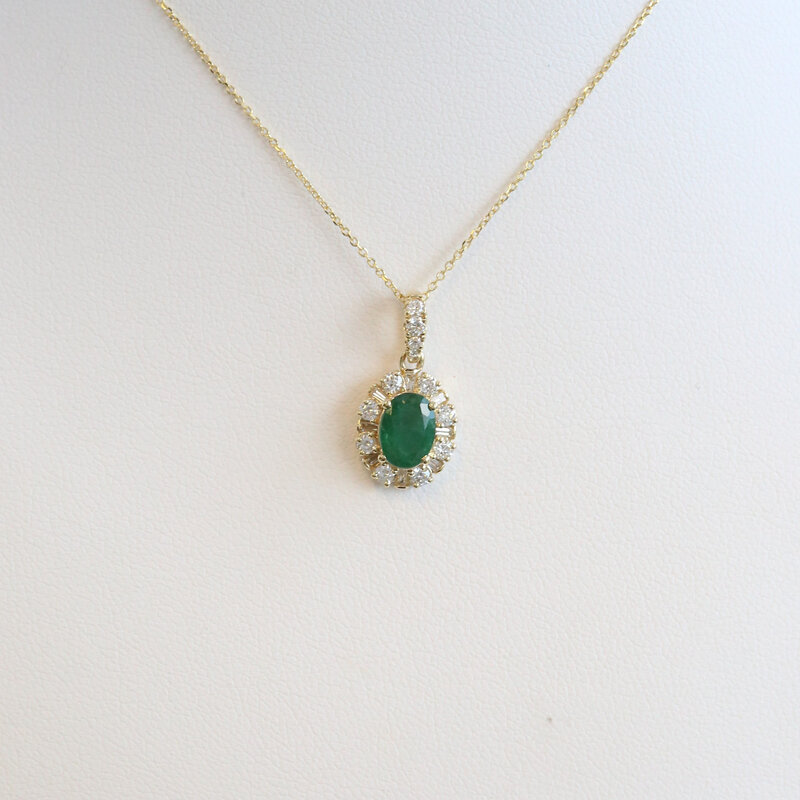 American Jewelry 14k Yellow Gold .90ct Emerald .38ctw Diamond Baguette & Round Halo Necklace
