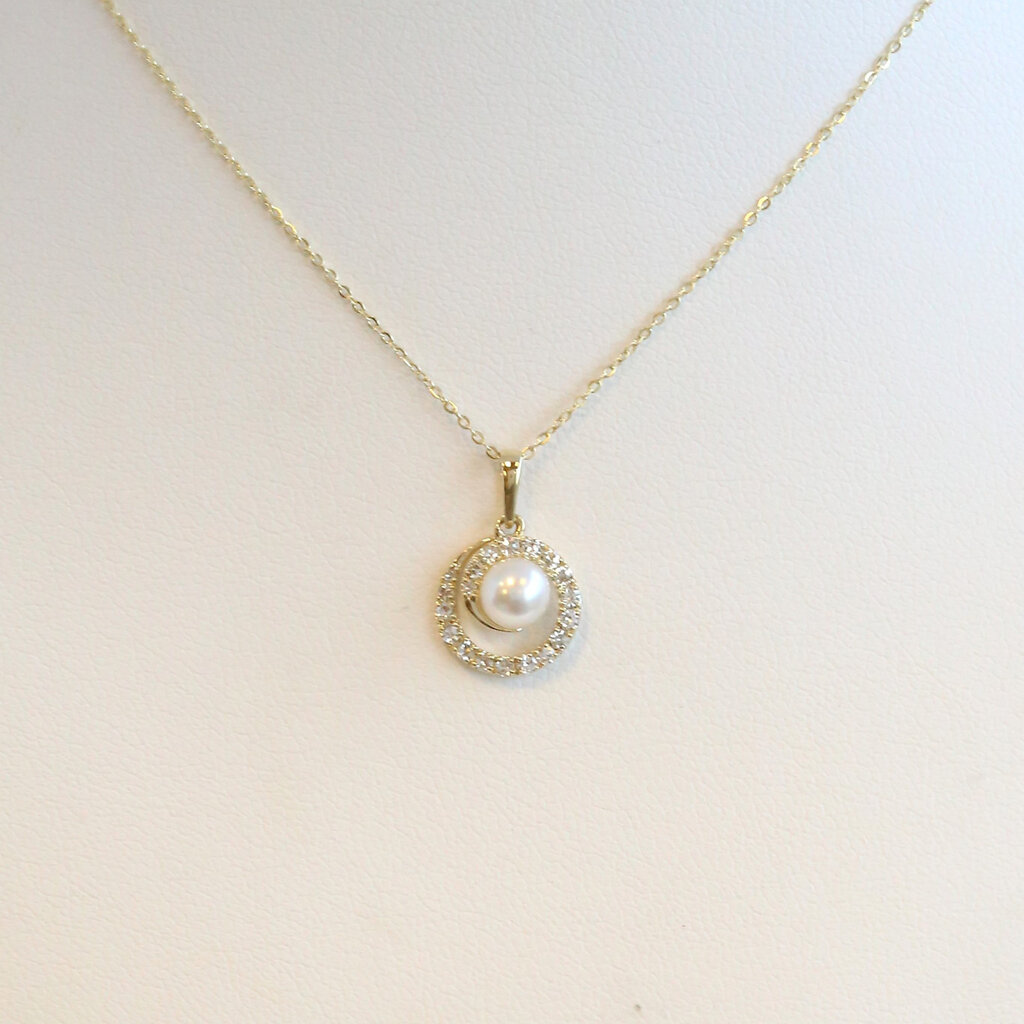 American Jewelry 14k Yellow Gold 4mm Akoya Pearl .16ctw Diamond Open Swirl Necklace