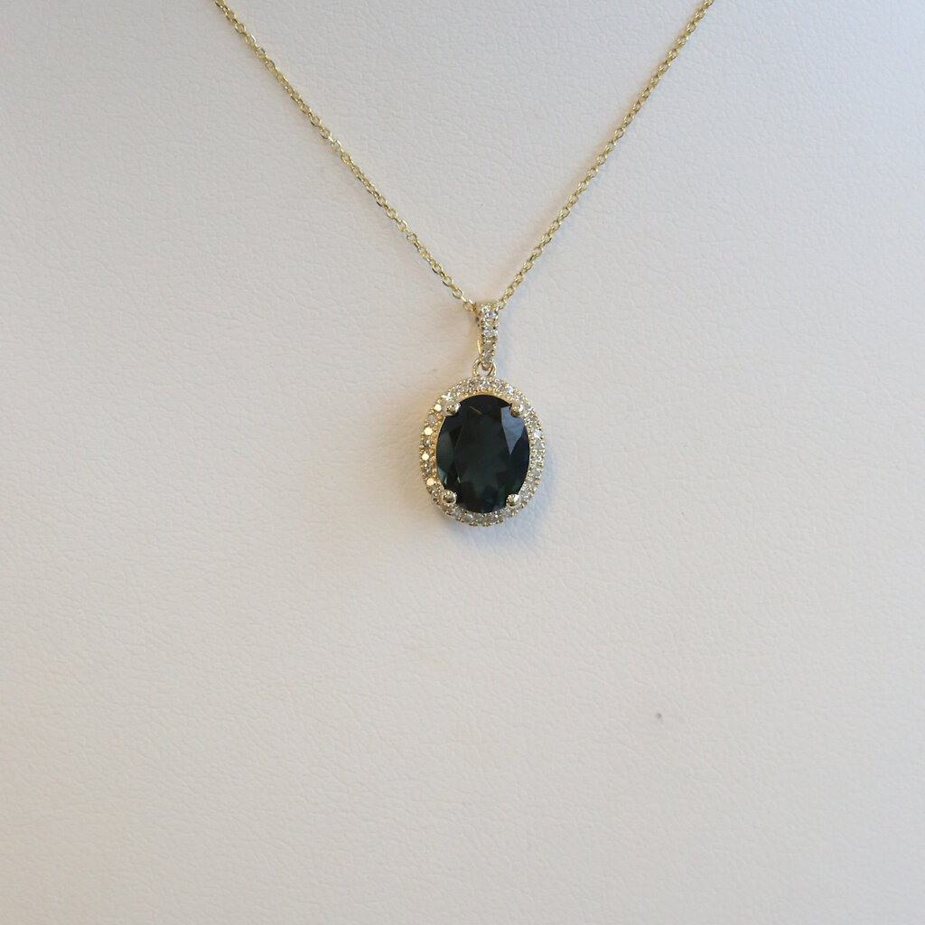 American Jewelry 14k Yellow Gold 2.17ct London Blue Topaz .12ctw Diamond Oval Halo Necklace