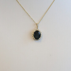 American Jewelry 14k Yellow Gold 2.17ct London Blue Topaz .12ctw Diamond Oval Halo Necklace