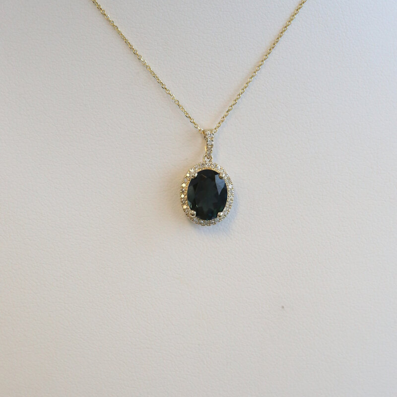 American Jewelry 14k Yellow Gold 2.17ct London Blue Topaz .12ctw Diamond Oval Halo Necklace
