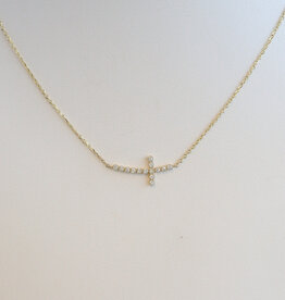 American Jewelry 14k Yellow Gold .12ctw Diamond East to West Sideways Cross Necklace
