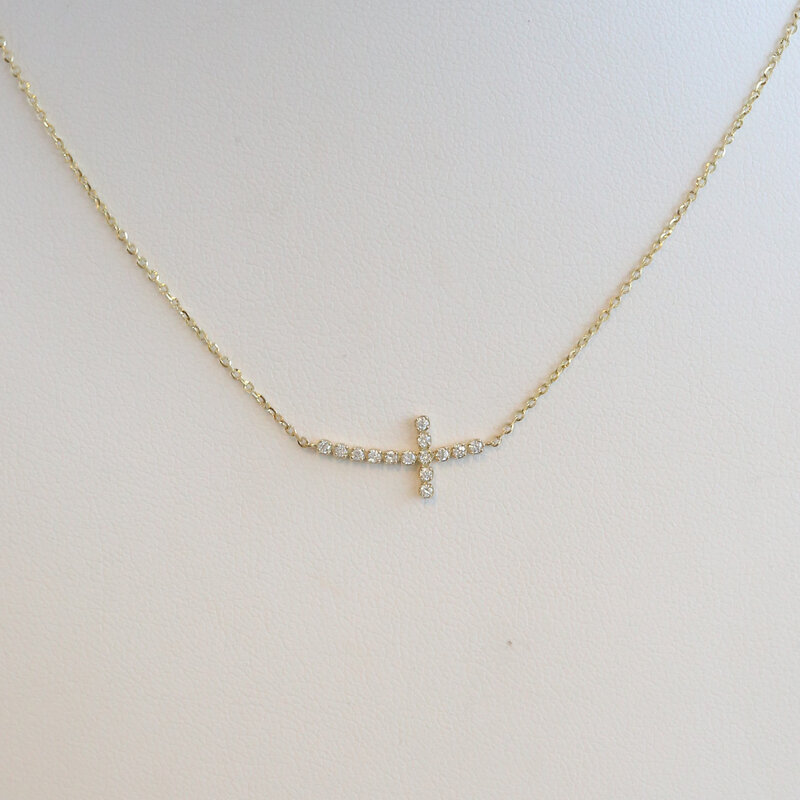 American Jewelry 14k Yellow Gold .12ctw Diamond East to West Sideways Cross Necklace