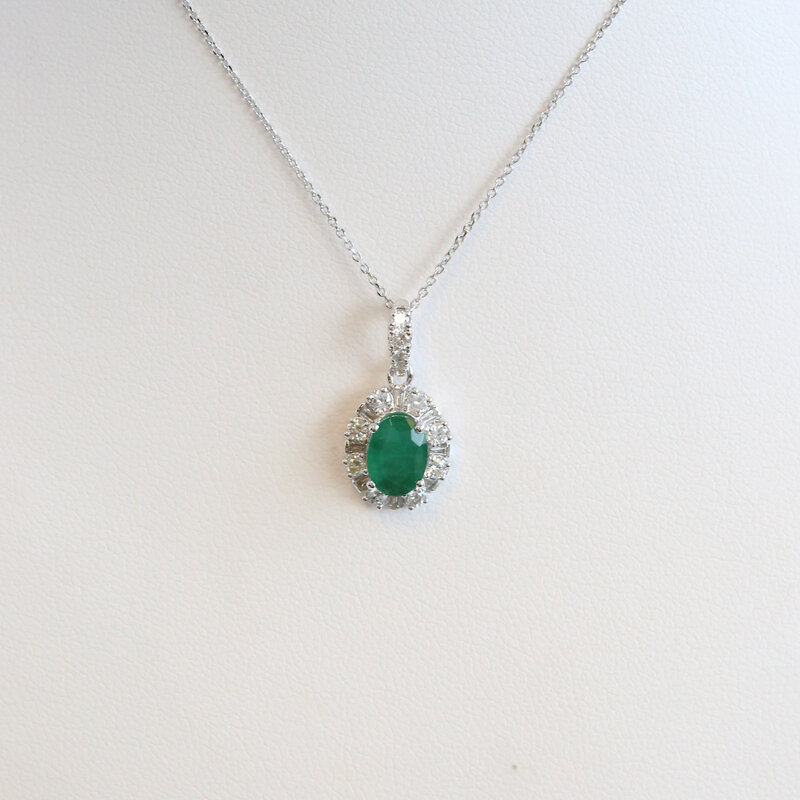 American Jewelry 14k White Gold .84ct Emerald .38ctw Diamond Oval Halo Necklace