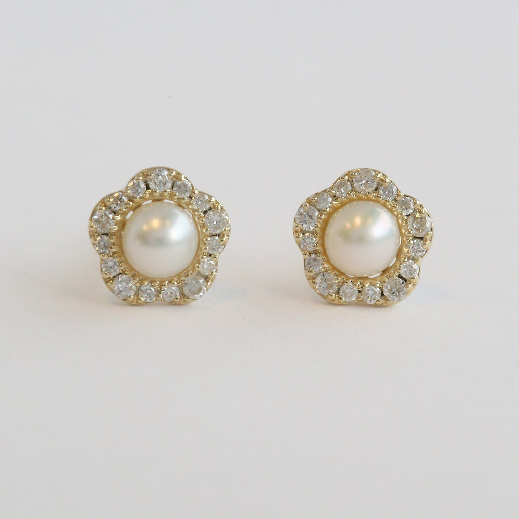 American Jewelry 14k Yellow Gold 3mm Akoya Pearl .16ctw Diamond Petite Flower Stud Earrings