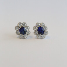 American Jewelry 14k White Gold .90ctw Sapphire .70ctw Diamonds Milgrain Oval Halo Stud Earrings
