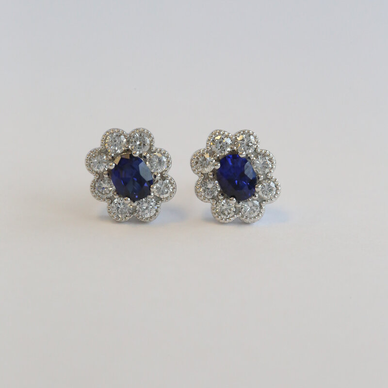 American Jewelry 14k White Gold .90ctw Sapphire .70ctw Diamonds Milgrain Oval Halo Stud Earrings