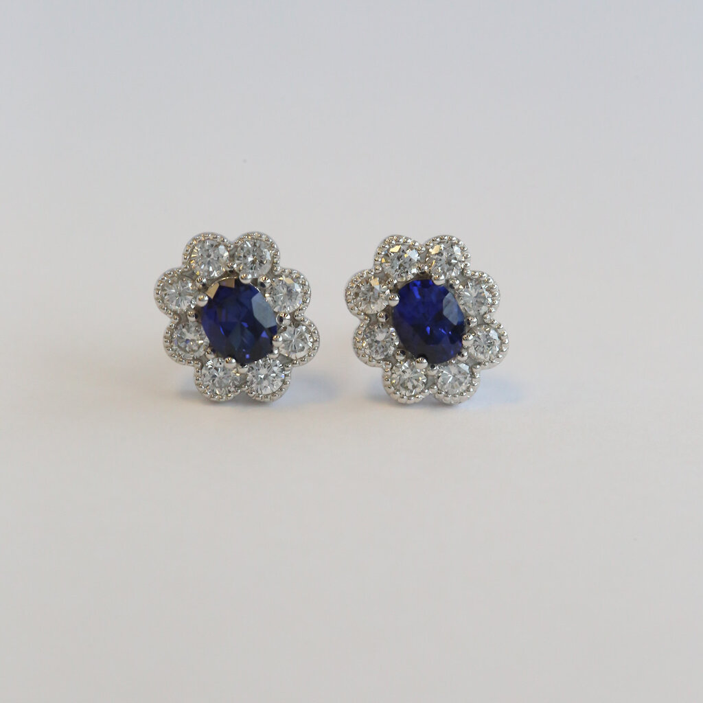 American Jewelry 14k White Gold .90ctw Sapphire .70ctw Diamonds Milgrain Oval Halo Stud Earrings
